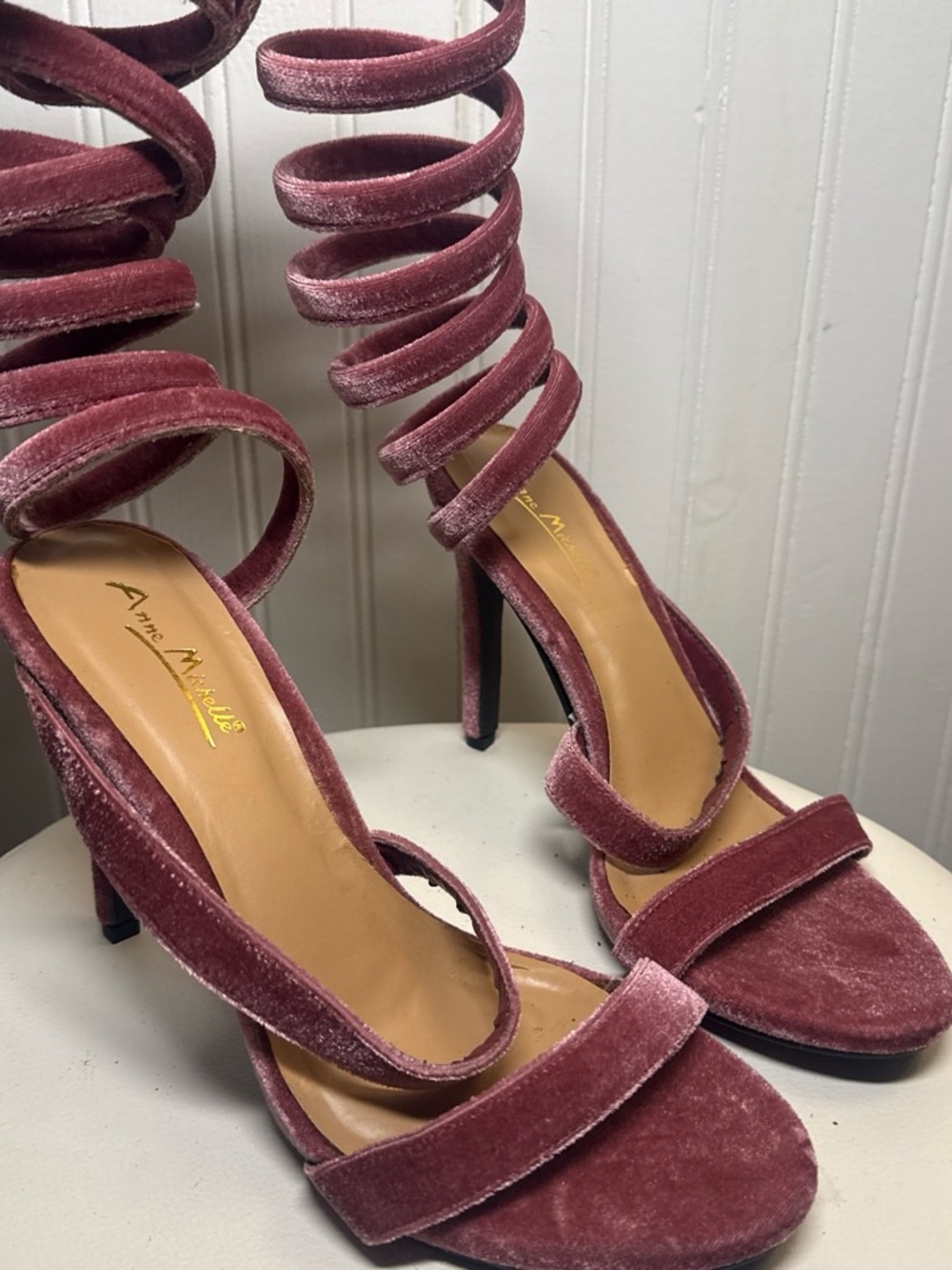 Velvet Spiral Lace-Up Heels in Dusty Rose